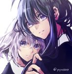  2boys ahoge androgynous black_hair hand_on_another&#039;s_shoulder honebami_toushirou long_hair multiple_boys namazuo_toushirou parted_lips short_hair simple_background touken_ranbu twitter_username violet_eyes white_background white_hair yuyu_(yuyurhythm) 