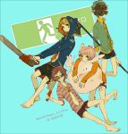  bad_id barefoot blonde_hair brown_eyes bunny chainsaw exit_sign feet gas_mask green_hair highres hoodie machete necktie o-ishi original pink_hair pole_axe poleaxe rabbit short_hair shorts simple_background 