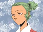  alternate_hairstyle annoyed eyebrows face flat_gaze flower forehead green_hair kazami_yuuka onikobe_rin ponytail red_eyes solo touhou youkai 