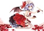  1girl adapted_costume bat_wings blue_hair boots bow cake choker collarbone dress flower food garter_straps hat hat_ribbon jewelry kneeling looking_at_viewer musou_yuchi pendant plate red_eyes red_rose remilia_scarlet ribbon rose sleeveless sleeveless_dress solo spilling spoon thigh-highs thigh_boots touhou white_dress wings wrist_cuffs 