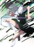  ascot cloud_palette dress glowing glowing_eyes hair_ribbon hitodama katana kneehighs konpaku_youmu konpaku_youmu_(ghost) open_mouth red_eyes ribbon silver_hair solo sword thigh-highs thighhighs touhou weapon zettai_ryouiki 