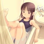  bath bathroom bathtub black_hair blush breasts brown_hair female frown large_breasts long_hair meow_(nekodenki) one-piece_swimsuit original red_eyes school_swimsuit sink soles solo submerged swimsuit toes water 