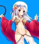  blush breasts brown_eyes cleavage detached_sleeves gypsy_(ragnarok_online) hat jewelry navel necklace ragnarok_online see-through silver_hair simple_background solo soraishinya whip 