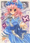  breasts butterfly cherry_blossoms ghost hat highres hitodama japanese_clothes petals pink_eyes pink_hair purumukurobuchi saigyouji_yuyuko smile solo touhou traditional_media triangular_headpiece 
