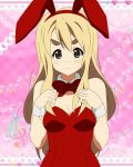  animal_ears bare_shoulders blonde_hair blue_eyes bow breasts bunny_ears bunnysuit choker cleavage detached_collar eyebrows heart k-on! kotobuki_tsumugi long_hair miracle musical_note smile solo star wrist_cuffs 
