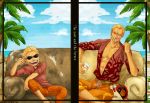  blonde_hair child cigarette collarbone couch donquixote_doflamingo dual_persona glass juice male multiple_persona muscle ocean one_piece open_shirt palm palm_tree pirate shichibukai short_hair sitting skytravels smile solo spread_legs sunglasses tree watermark young 
