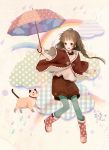  braid brown_eyes brown_hair cat cloud collar jewelry long_hair necklace open_mouth original pantyhose rainbow rubber_boots safety_pin shorts siro smile solo twin_braids twintails umbrella 