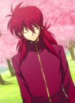  cherry_blossoms closed_eyes eyes_closed hase234 hasegawa_(yonbunnoichi) kurama long_hair male red_hair redhead school_uniform solo tree yu_yu_hakusho yuu_yuu_hakusho 