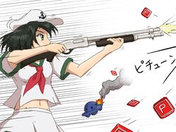  anchor ascot black_hair firing green_eyes gun hat midriff murasa_minamitsu navel power-up remington_870 sailor sailor_hat short_hair shotgun skirt solo touhou tsunozemi ufo weapon 