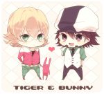  bad_id barnaby_brooks_jr belt blonde_hair boots brown_eyes brown_hair cabbie_hat chibi facial_hair glasses green_eyes hat heart jacket jewelry kaburagi_t_kotetsu male moco_315 multiple_boys necklace necktie red_jacket short_hair stubble studded_belt stuffed_animal stuffed_bunny stuffed_toy tiger_&amp;_bunny vest waistcoat waving 