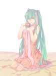  aqua_eyes aqua_hair bare_shoulders dress flower hair_ribbon hatsune_miku highres kneeling long_hair ncww_rinichi pale_color pale_colors petals pink_rose ribbon rose solo very_long_hair vocaloid 