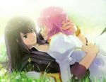  1girl blush bracelet couple estellise_sidos_heurassein eye_contact field gloves grass green_eyes grey_eyes hug jewelry long_hair looking_at_another lying male nature outdoors pink_hair puffy_sleeves purple_hair ranma3049 short_hair tales_of_(series) tales_of_vesperia yuri_lowell 