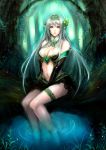  between_legs breasts cleavage elbow_gloves feet_in_water forest gloves grey_hair hair_ornament hairband hand_between_legs jewelry leg_band long_hair midriff nature navel necklace original pointy_ears ripples sasaki_ryou sitting soaking_feet solo tree water yellow_eyes 