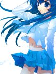  blue_hair kawazoe_mariko long_hair midriff navel original school_uniform serafuku skirt solo wind 