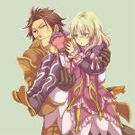  1girl 9wa alvin_(tales_of_xillia) black_gloves blonde_hair boots bow brown_eyes brown_hair carrying coat creature dress elise_lutas elise_lutus frills gloves green_background princess_carry ribbon sweat tales_of_(series) tales_of_xillia thigh_boots thighhighs tipo_(xillia) tippo yellow_eyes 
