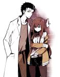  black_hair brown_hair facial_hair height_difference holding_arm jacket labcoat legwear_under_shorts makise_kurisu misti necktie okabe_rintarou pantyhose partially_colored shorts steins;gate stubble yellow_eyes 