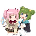  2girls bent_over blue_eyes bow bowtie chitose_yuma green_hair hair_bobbles hair_ornament hair_ornaments hair_ribbon happy hoodie kaname_madoka kuro_chairo_no_neko long_sleeves mahou_shoujo_madoka_magica mahou_shoujo_oriko_magica multiple_girls open_mouth pink_eyes pink_hair ribbon school_uniform short_hair short_twintails skirt smile thighhighs transparent_background tupet twintails two_side_up white_background white_legwear 