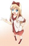  bad_id blonde_hair blue_eyes from_above halftone halftone_background hand_on_hip kneehighs long_hair looking_at_viewer open_mouth perspective pirano school_uniform skirt smile socks solo standing toshinou_kyouko v yuru_yuri 