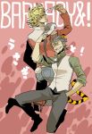  animal_ears barnaby_brooks_jr blonde_hair boots brown_eyes brown_hair bunny_tail cabbie_hat facial_hair glasses glasses_removed green_eyes hat hat_removed headwear_removed holding holding_glasses holding_hat jacket jumping kaburagi_t_kotetsu katou_(hyaena) male multiple_boys necktie red_jacket short_hair stubble tail tiger_&amp;_bunny tiger_ears tiger_tail vest waistcoat 