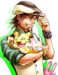  barnaby_brooks_jr blonde_hair bracelet brown_eyes brown_hair bunny cabbie_hat facial_hair glasses grin grinning hand_on_hat hat jewelry kaburagi_t_kotetsu male necktie rabbit short_hair smile stubble stuffed_animal stuffed_bunny stuffed_toy tiger tiger_&amp;_bunny vest waistcoat watch wristwatch zenkoug3 