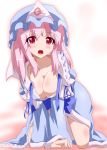  all_fours blue_dress blush breasts cleavage dress fueiku hat large_breasts no_bra open_mouth pink_eyes pink_hair saigyouji_yuyuko solo touhou undone_necktie untied 