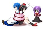  black_hair black_legwear blue_hair blush_stickers bondage bow chibi geta giving_up_the_ghost hands_on_hips hat hinanawi_tenshi ichimi long_hair long_skirt multiple_girls nagae_iku no_hat no_headwear orz purple_hair shameimaru_aya shawl sitting skirt solid_circle_eyes tengu-geta tied_up tokin_hat touhou 