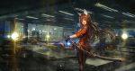  1girl animal_ears black_gloves black_legwear brown_hair building cat_ears character_request city fingerless_gloves gloves highres katana lamp lm7_(op-center) long_hair open_mouth pantyhose red_eyes sheath sheathed short_shorts shorts solo sword watch watch weapon 