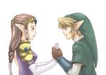  blonde_hair blue_eyes blush braid brown_hair chikuwa_(rinka) earrings fingerless_gloves gloves hair_ornament hand_holding hat hold_hands holding_hands jewelry link long_hair nintendo open_mouth pointy_ears princess_zelda short_hair the_legend_of_zelda tiara twilight_princess 