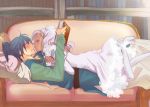  1girl blue_eyes blue_hair blush book closed_eyes couch couple dark_skin dress embarrassed eyes_closed f-tani hair_ornament incipient_kiss keele_zeibel long_hair lying meredy on_person pantyhose pillow ponytail purple_hair smile tales_of_(series) tales_of_eternia white_legwear 