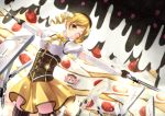  bad_id beret blonde_hair cake charlotte_(madoka_magica) corset detached_sleeves drill_hair dual_wielding fingerless_gloves food fruit gloves gun hat kino_(kino_buro) magical_girl magical_musket mahou_shoujo_madoka_magica pleated_skirt puffy_sleeves skirt solo strawberry thigh-highs thighhighs tomoe_mami twin_drills vertical-striped_legwear vertical_stripes weapon wink witch&#039;s_labyrinth witch's_labyrinth yellow_eyes zettai_ryouiki 