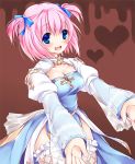  blue_eyes blush breasts fishnet_legwear fishnet_stockings fishnets garters heart legwear looking_at_viewer open_mouth outstretched_arms pink_hair ragnarok_online short_hair short_twintails smile solo soraishinya thigh-highs thighhighs twintails 