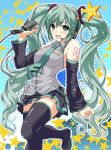  absurdres bare_shoulders boots detached_sleeves fang green_eyes green_hair hatsune_miku headset highres long_hair marushin_(denwa0214) microphone necktie open_mouth skirt solo star thigh-highs thigh_boots thighhighs twintails very_long_hair vocaloid 