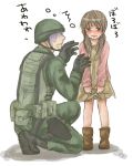 1boy 1girl blush boots brown_hair child crying dress gloves helmet holster kneeling low_twintails military military_uniform original soldier tears translated translation_request turn_pale uniform 