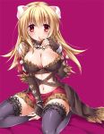  alternate_color animal_ears belt black_legwear blonde_hair blush bracelet breasts cleavage elbow_gloves finger_to_mouth fingerless_gloves fishnets garters gloves jewelry large_breasts legs long_hair looking_at_viewer navel orange_eyes ragnarok_online shadow_chaser simple_background sitting solo soraishinya thigh-highs thighhighs thighs wariza yellow_eyes 