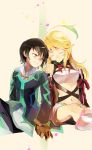  blonde_hair brown_eyes closed_eyes couple elbow_gloves eyes_closed gloves gradient_hair green_hair hand_holding holding_hands jude_mathis midriff milla_maxwell multicolored_hair navel shihage skirt tales_of_(series) tales_of_xillia tubetop 