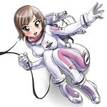  bob_cut bodysuit boots breasts brown_eyes brown_hair curled_up gloves kiichi morita_yukari no_background open_mouth pilot_suit rocket_girls short_hair simple_background skin_tight smile solo spacesuit white_background 