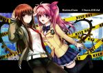  5pb. :d black_legwear blush bow brown_hair caution_tape chaos;head company_connection crossover hair_ribbon jacket keep_out legwear_under_shorts long_hair looking_at_viewer makise_kurisu multiple_girls necktie nitroplus one_side_up open_mouth pantyhose pink_eyes pink_hair plaid plaid_skirt purple_eyes ribbon sakihata_rimi school_uniform shorts skirt smile steins;gate thigh-highs thighhighs uka_(color_noise) violet_eyes zettai_ryouiki 