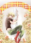  barnaby_brooks_jr belt blonde_hair boots cm_pa fried_rice glasses green_eyes jewelry male miniboy necklace plate ring shrimp solo spoon studded_belt t-shirt tiger_&amp;_bunny 