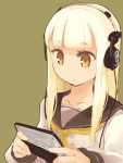  blonde_hair blunt_bangs headphones highres koss long_hair mota no_nose original playing_games playstation_portable psp psp_go school_uniform serafuku simple_background solo sony yellow_eyes 