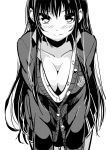  black_hair blush breasts cardigan cleavage copyright_request down_blouse hanging_breasts large_breasts leaning_forward long_hair monochrome simple_background 