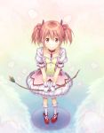  bow bow_(weapon) choker dress from_above gloves hair_bow highres jewelry kaname_madoka kneehighs looking_at_viewer mahou_shoujo_madoka_magica nanaran pink_eyes pink_hair short_hair smile solo twintails weapon white_legwear 