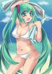  :d absurdres aqua_eyes arm_up bikini breasts front-tie_top green_hair hatsune_miku highres k.s._(iznmo) long_hair navel open_mouth plump shinbashi_katsura skindentation smile solo swimsuit twintails underboob very_long_hair vocaloid 