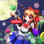  bamboo belt bow chain chains full_moon gourd hair_bow horn_ribbon horns ibuki_suika long_hair moon orange_hair red_eyes ribbon sakazuki sake skirt sleeveless smile solo syachi touhou very_long_hair wink 