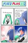  blue_hair blush catstudio_(artist) closed_eyes comic death_note detached_sleeves eyes_closed green_eyes green_hair hair_ribbon hatsune_miku highres hug just_as_planned kaito long_hair necktie ribbon scarf shirt shorts skirt smile tears thai translated translation_request troll_face twintails vocaloid yagami_light 