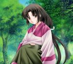  bad_id black_hair brown_eyes forest highres inuyasha japanese_clothes kimono long_hair low-tied_long_hair nature sango solo tamamon 