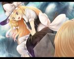  apron blonde_hair bloomers buttons hat head kirisame_marisa llowoll long_hair open_mouth ribbon sitting smile touhou v_arms witch witch_hat 