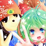  animal_ears bad_id beanie blue_eyes crossover dog dress fang frog green_hair hat kasodani_kyouko kironxx male open_mouth parappa parappa_the_rapper short_hair smile tail touhou v 
