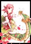  bandage bandages blue_eyes blush border bow bun_cover chain chains chinese_clothes cuffs double_bun dragon eastern_dragon flower hair_bun highres ibara_kasen ibaraki_kasen petals pink_eyes pink_hair riding rose short_hair sidesaddle sitting skirt toor_0111 touhou 