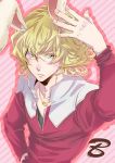  animal_ears bad_id barnaby_brooks_jr blonde_hair bunny_ears glasses green_eyes hand_on_hip hips jacket jewelry kemonomimi_mode male necklace red_jacket solo tiger_&amp;_bunny wagyandamu 