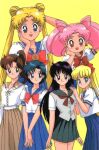  1990s_(style) 6+girls aino_minako arm_behind_head arm_up bangs bishoujo_senshi_sailor_moon black_eyes black_hair blonde_hair blue_eyes blue_hair blue_skirt bow brown_hair brown_skirt chibi_usa double_bun eyebrows_visible_through_hair feet_out_of_frame green_eyes hair_bobbles hair_ornament hand_on_another&#039;s_shoulder hand_on_own_chin high_ponytail hino_rei kino_makoto long_hair long_skirt looking_at_viewer mimicry miniskirt mizuno_ami multiple_girls official_art pink_hair pleated_skirt red_eyes retro_artstyle scan school_uniform short_hair short_sleeves simple_background skirt smile tongue tongue_out tsukino_usagi twintails v_arms yellow_background 